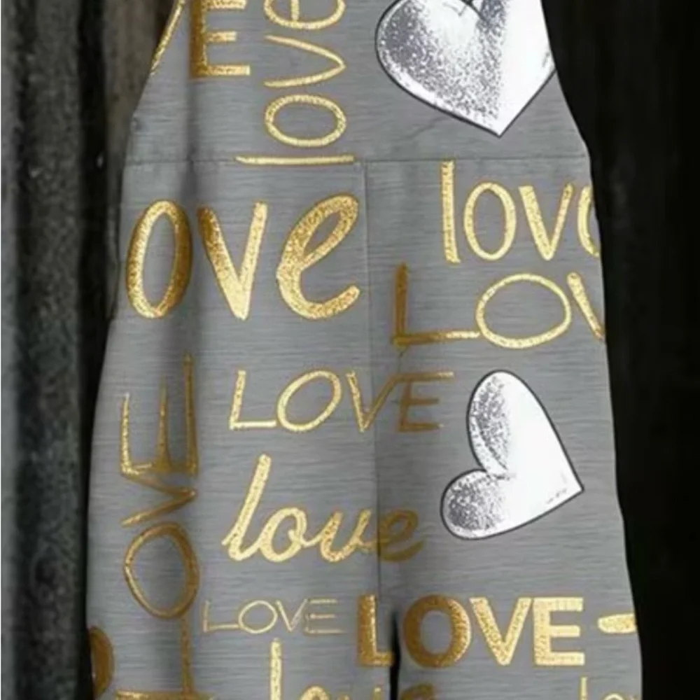 Stylish Gray Overalls with Gold and Silver Love Print - Picture 2 of 2